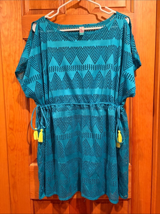 No Boundaries Other - Women’s Teal Crochet Beach Cover-Up with Neon Tassel Drawstring